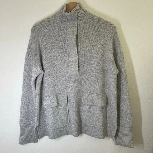 J.Crew Women’s S Wool Blend Quarter Snap Sweater Heather Gray Pockets Oversized - Picture 1 of 13